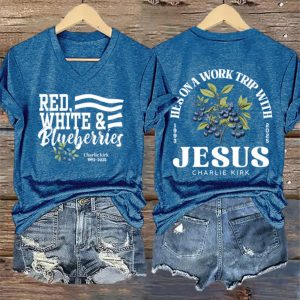 Retro Red White Blueberries He's On A Work Trip With Jesus Print V-neck T-Shirt 2 Retro Red White Blueberries He's On A Work Trip With Jesus Print V neck T Shirt