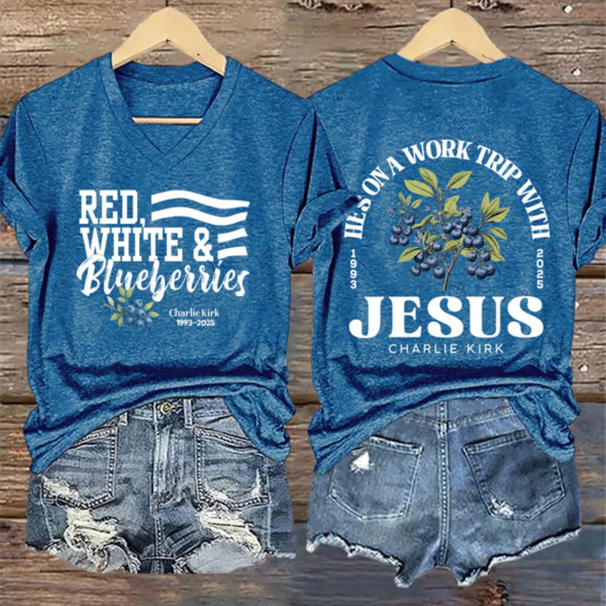 Retro Red White Blueberries He’s On A Work Trip With Jesus Print V-neck T-Shirt Retro Red White Blueberries He’s On A Work Trip With Jesus Print V-neck T-Shirt