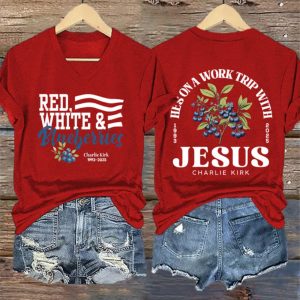 Retro Red White Blueberries He's On A Work Trip With Jesus Print V neck T Shirt
