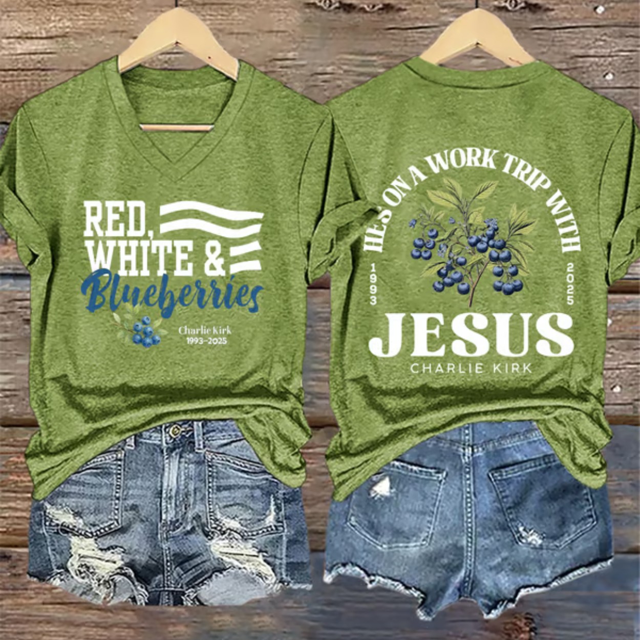 Retro Red White Blueberries He’s On A Work Trip With Jesus Print V-neck T-Shirt Retro Red White Blueberries He’s On A Work Trip With Jesus Print V-neck T-Shirt
