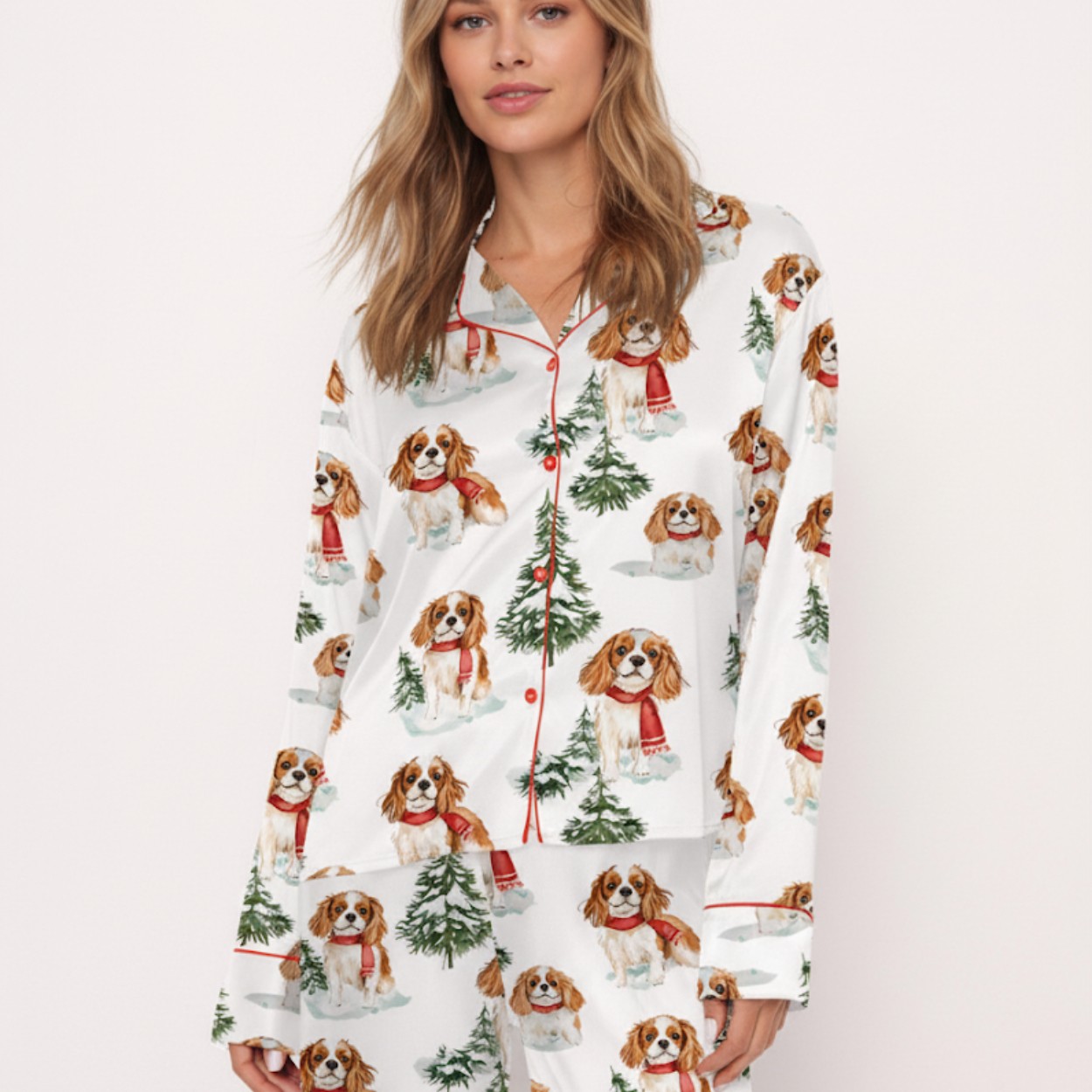 Women's Cavalier King Charles Snow Silky Satin Pajama Set Women's Cavalier King Charles Snow Silky Satin Pajama Set
