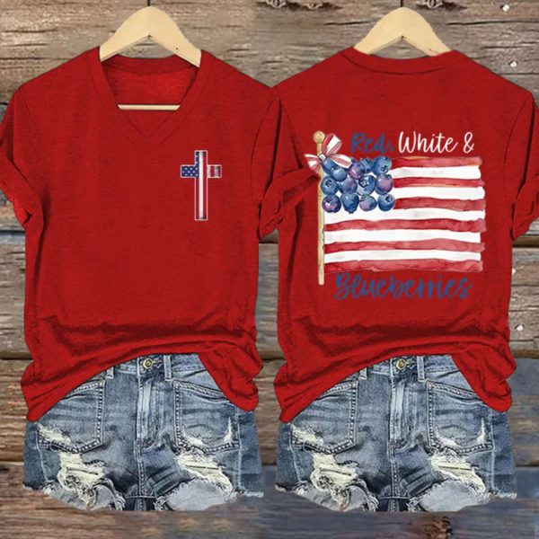 Women’s Red White And Blueberries Print V Neck T-shirt