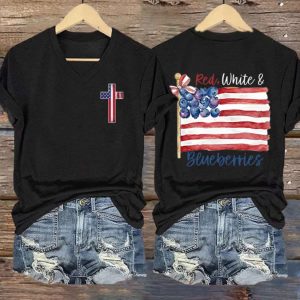 Women's Red White And Blueberries Print V Neck T shirt