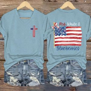 Women’s Red White And Blueberries Print V Neck T-shirt