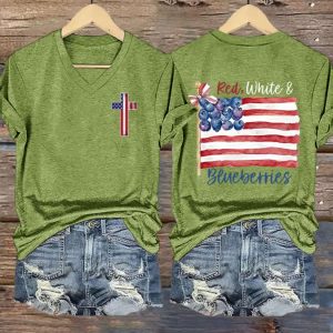 Women's Red White And Blueberries Print V Neck T shirt