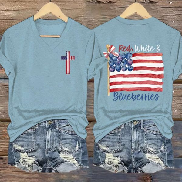 Women’s Red White And Blueberries Print V Neck T-shirt