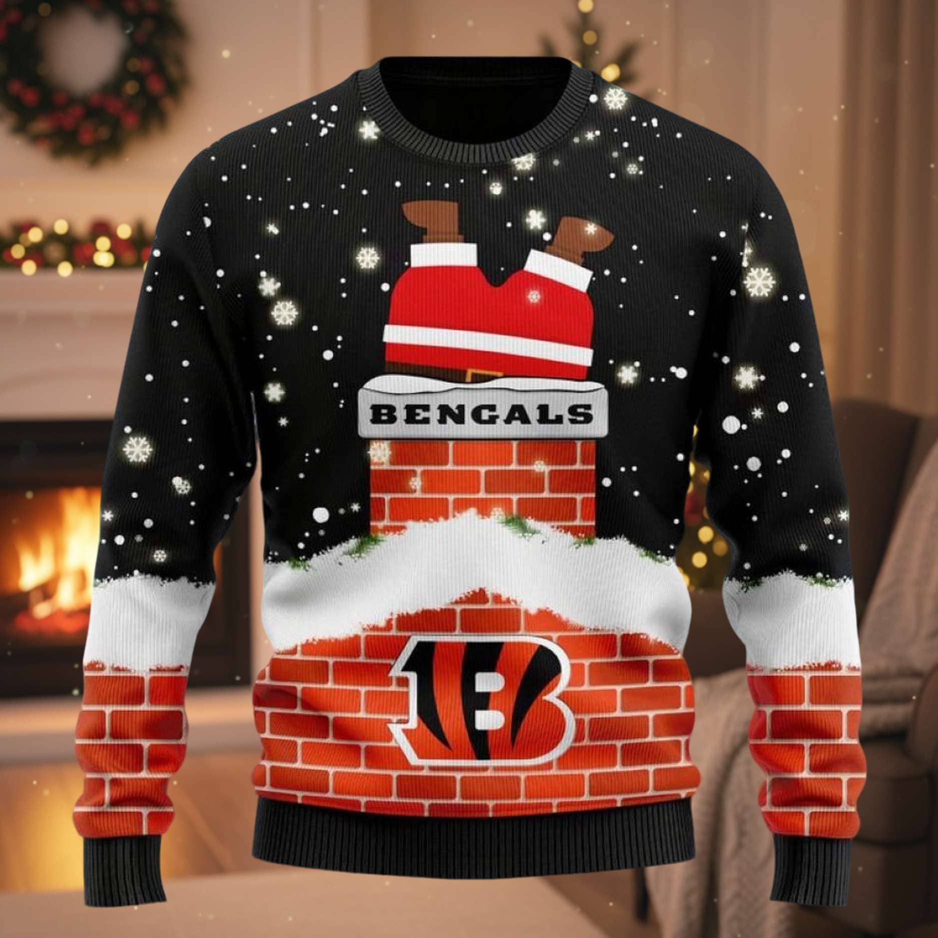 Bengals Funny Santa Claus In The Chimney Ugly Christmas Sweater Bengals Funny Santa Claus In The Chimney Ugly Christmas Sweater
