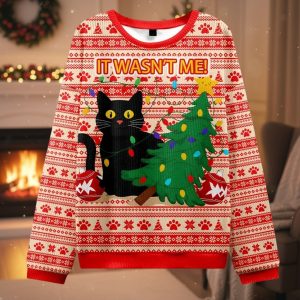 Black Cat Destroys Christmas Tree It Wasn’t Me Christmas Ugly Sweater