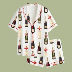 Christmas Champagne Bottles With Red Bows Satin Pajama Set
