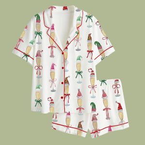Christmas Champagne Santa Bow Drink Satin Pajama Set