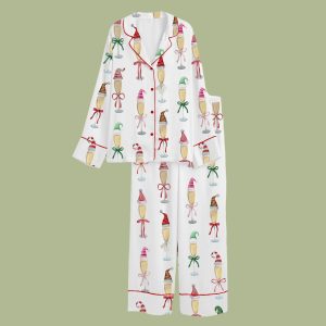Christmas Champagne Santa Bow Drink Satin Pajama Set