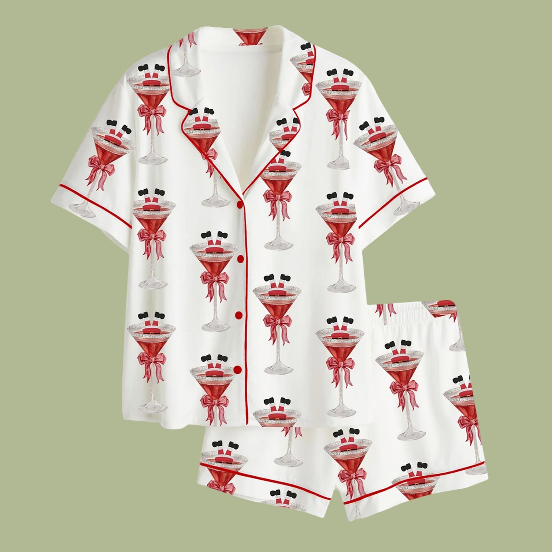 Christmas Martini Santa Bow Martini Drink Satin Pajama Set Christmas Martini Santa Bow Martini Drink Satin Pajama Set