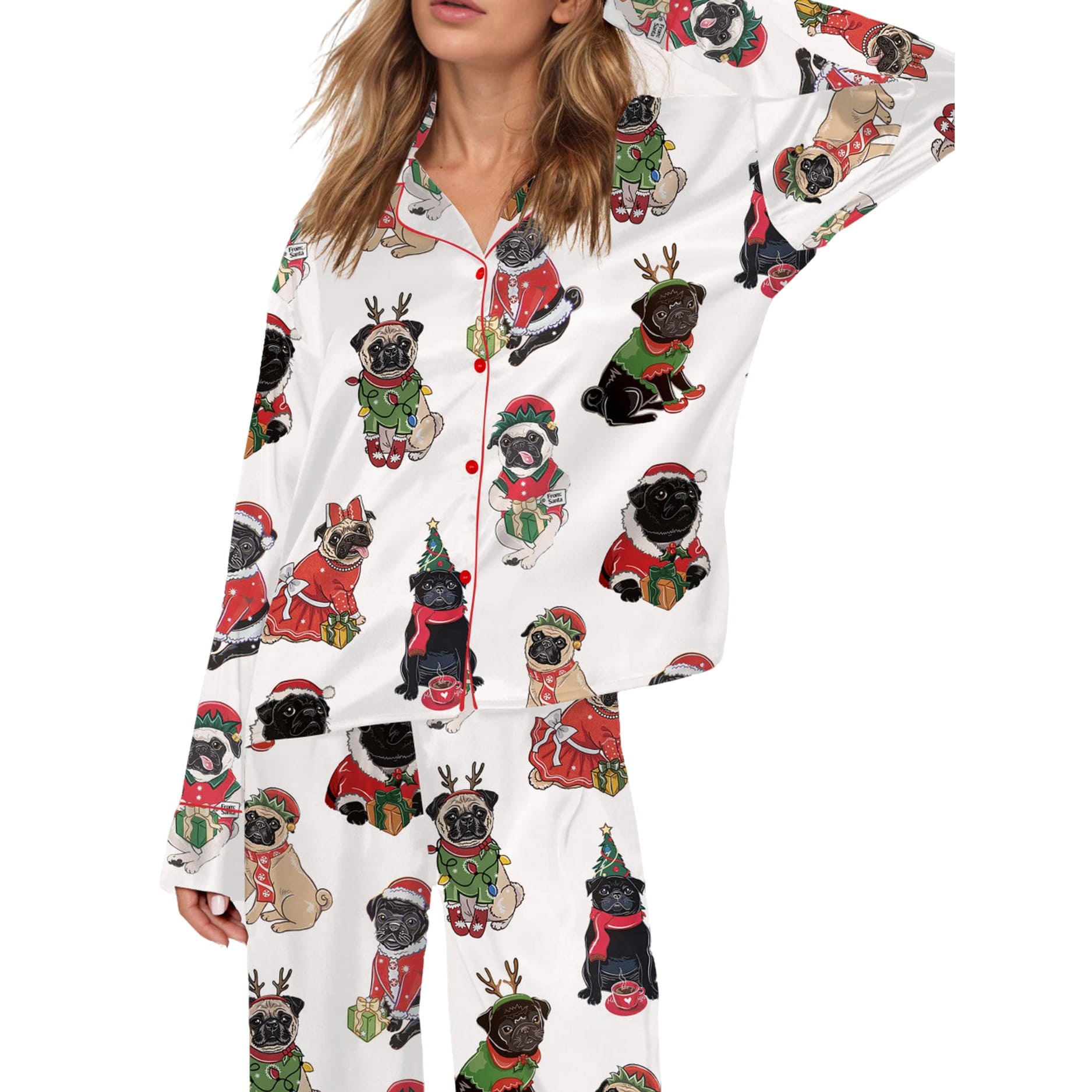 Christmas Pug Silky Satin Pajama Set Christmas Pug Silky Satin Pajama Set