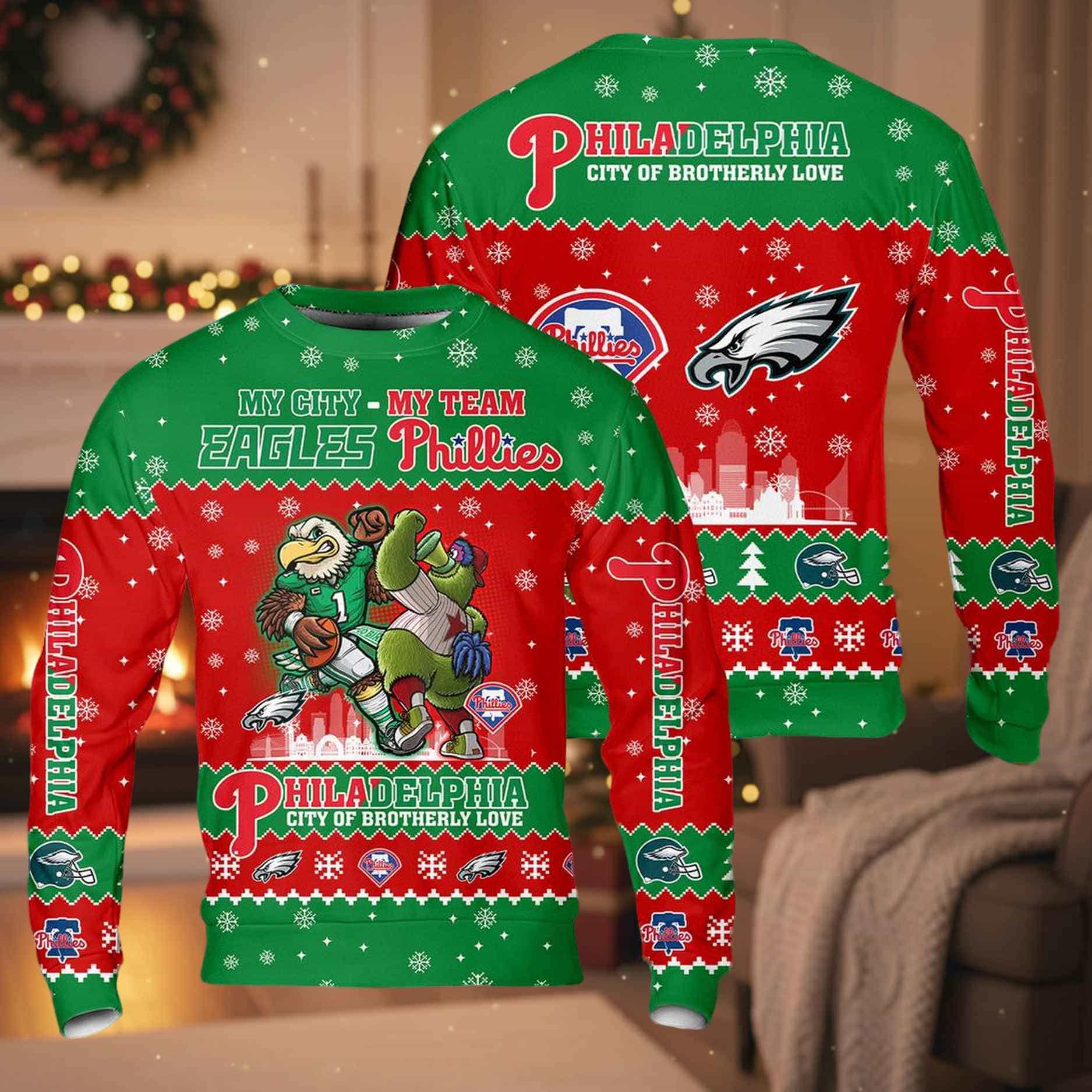Eagles Phillies Philadelphia City Of Brotherly Love Ugly Christmas Sweater Eagles Phillies Philadelphia City Of Brotherly Love Ugly Christmas Sweater