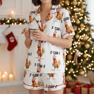 F-Caw-F Chicken Humor Satin Pajama Set 1 F Caw F Chicken Humor Satin Pajama Set