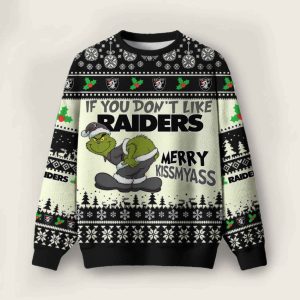 Grnch If You Don't Like Raiders Merry Kissmyass Ugly Christmas Sweater