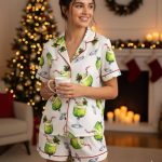 Grnch Punch Watercolor Christmas Cocktails Holiday Drinks Short Sleeve Satin Pajama Set