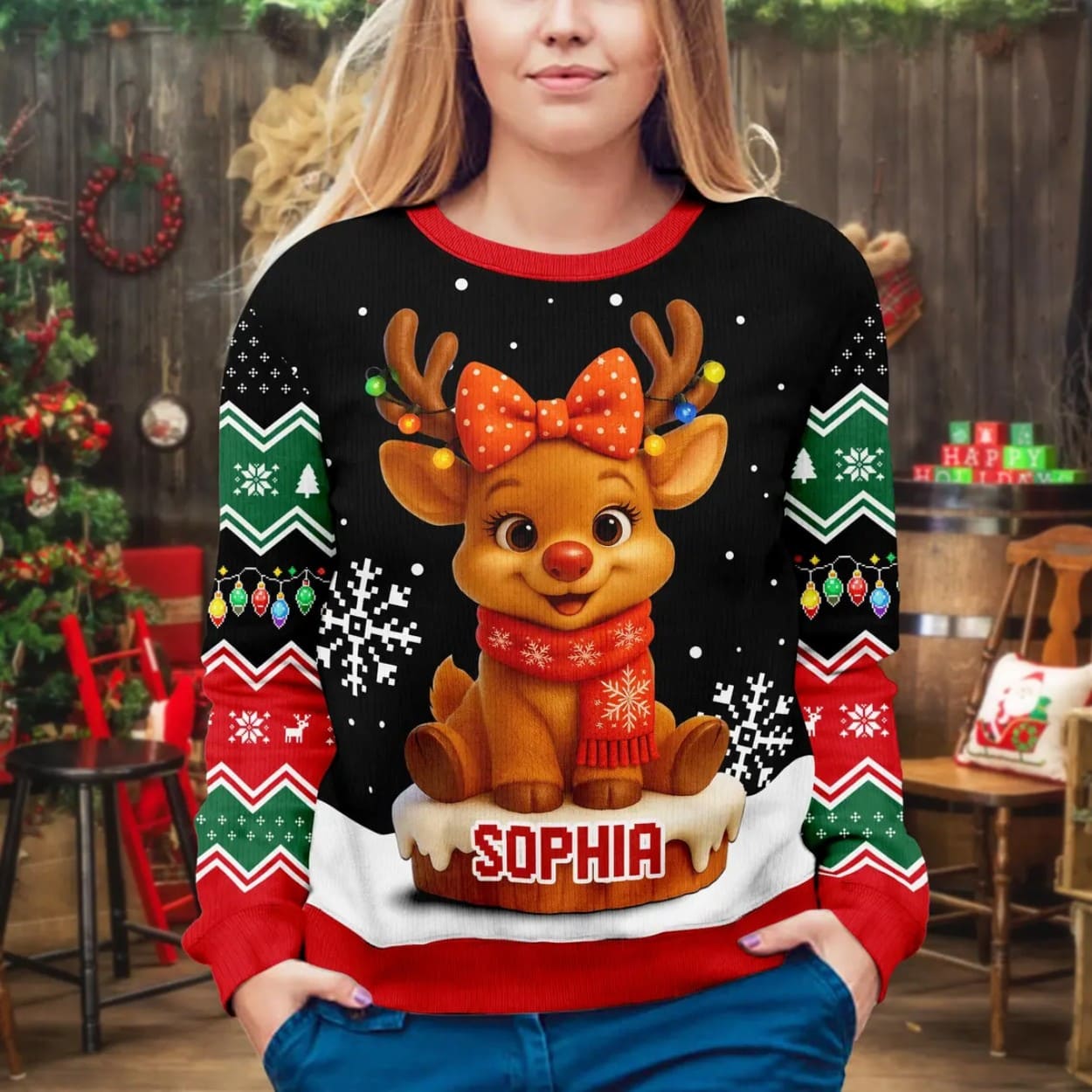 Personalized Baby Reindeer Ugly Christmas Sweater Personalized Baby Reindeer Ugly Christmas Sweater