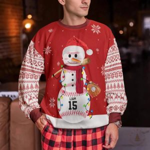 Personalized Baseball Snowman Ugly Sweater 3 Personalized Baseball Snowman Ugly Sweater