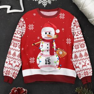 Personalized Baseball Snowman Ugly Sweater