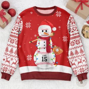 Personalized Baseball Snowman Ugly Sweater 1 Personalized Baseball Snowman Ugly Sweater
