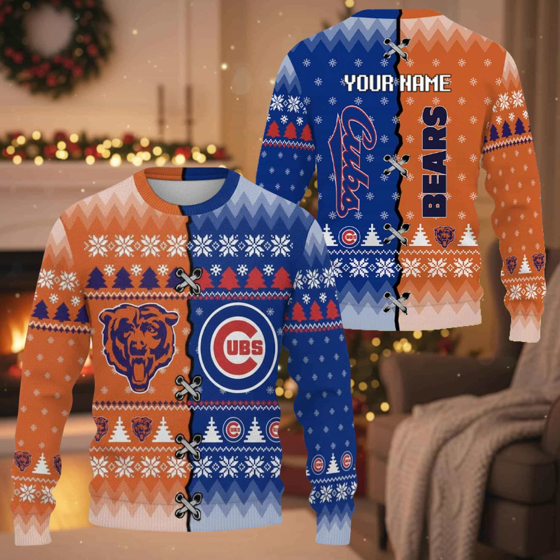 Personalized Cubs x Bears Ugly Christmas Sweater Personalized Cubs x Bears Ugly Christmas Sweater
