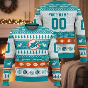 Personalized Dolphins Football 2025 Ugly Christmas Sweater