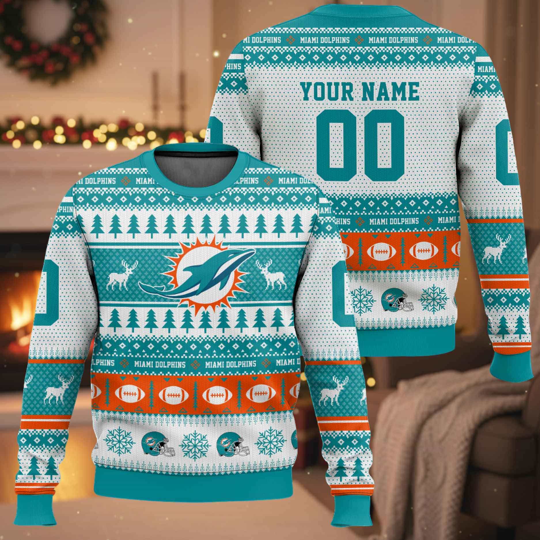 Personalized Dolphins Football 2025 Ugly Christmas Sweater Personalized Dolphins Football 2025 Ugly Christmas Sweater