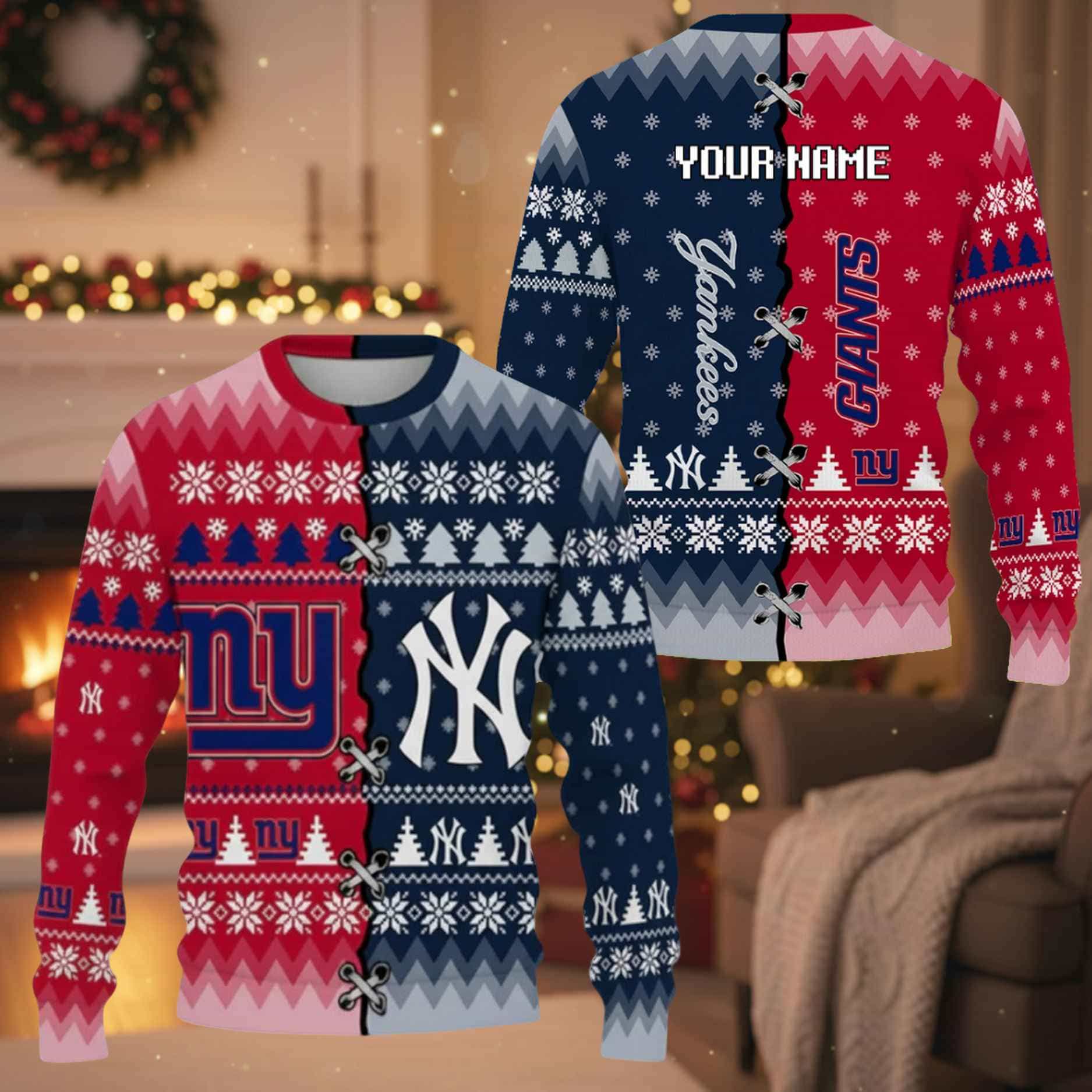 Personalized NY Giants x Yankees Ugly Christmas Sweater Personalized NY Giants x Yankees Ugly Christmas Sweater