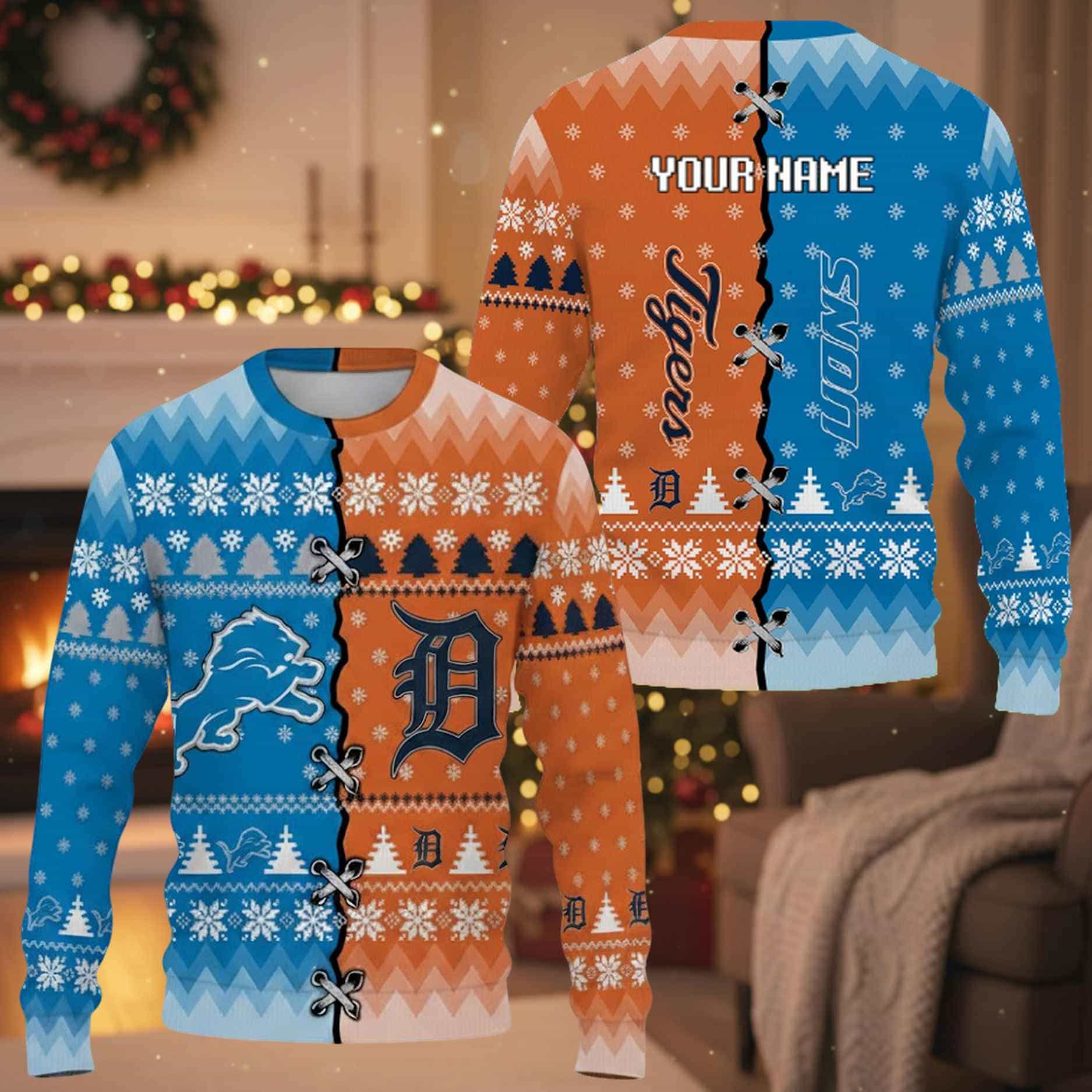 Personalized Tigers x Lions Ugly Christmas Sweater Personalized Tigers x Lions Ugly Christmas Sweater