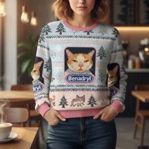 Pink Benadryl Meme Cat Christmas Ugly Sweater