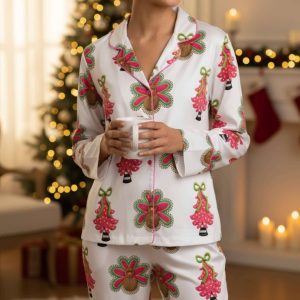 Pink Christmas Tree Turkey Thanksgiving Holiday Satin Pajama Set