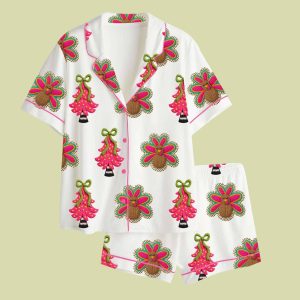 Pink Christmas Tree Turkey Thanksgiving Holiday Satin Pajama Set