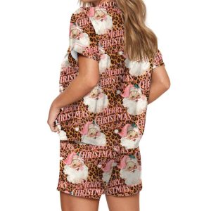 Pink Santa Leopard Christmas Silky Satin Pajama Set 3 Pink Santa Leopard Christmas Silky Satin Pajama Set