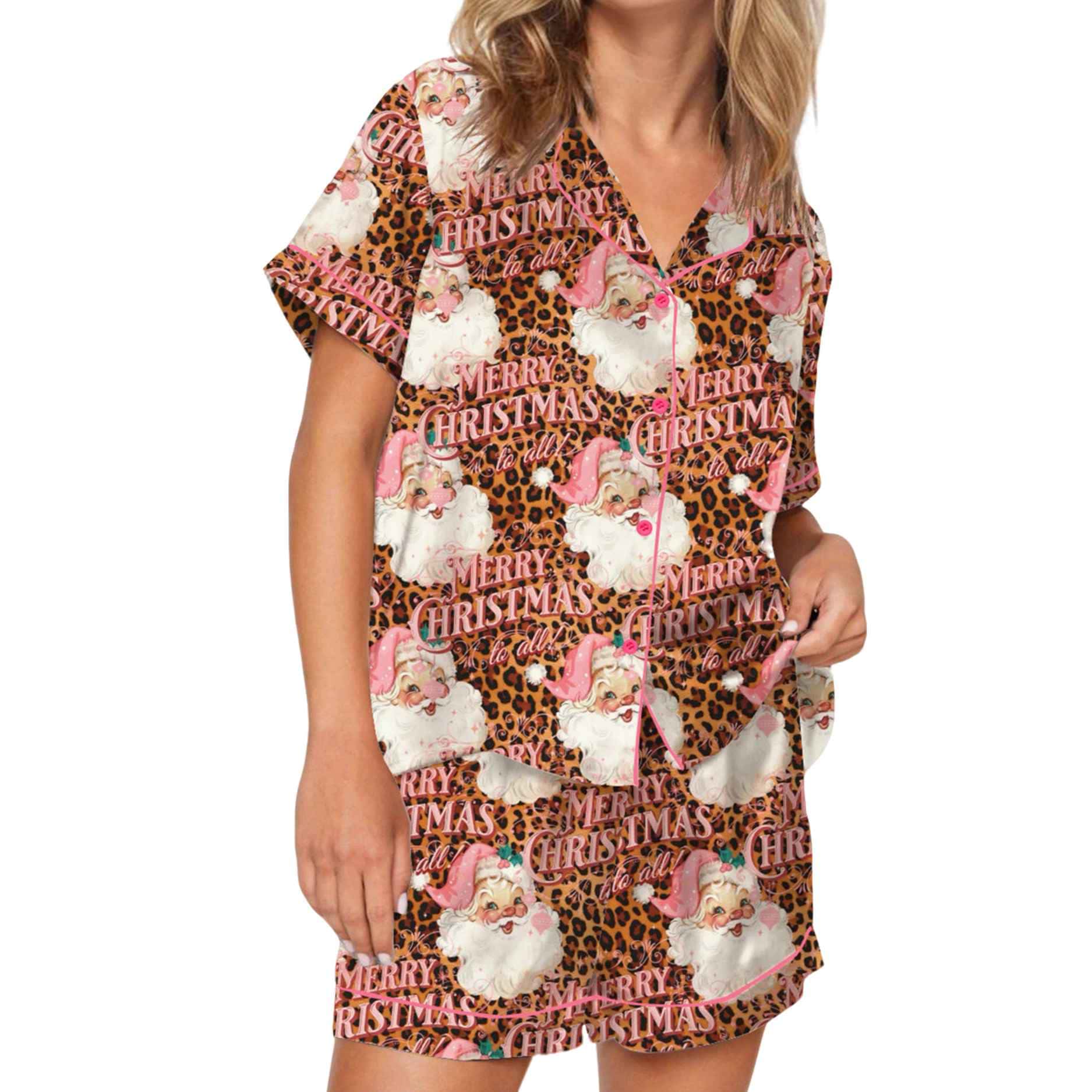 Pink Santa Leopard Christmas Silky Satin Pajama Set Pink Santa Leopard Christmas Silky Satin Pajama Set