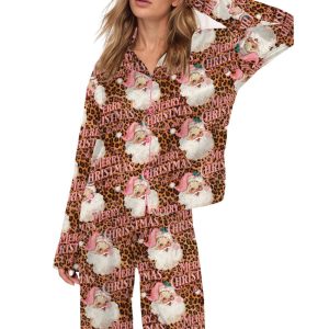 Pink Santa Leopard Christmas Silky Satin Pajama Set