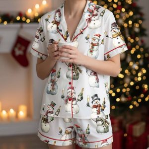 Snowman With Champagne Satin Pajama Set