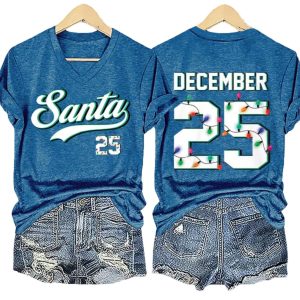 V Neck Retro Christmas Santa 25 December 25 Print T Shirt