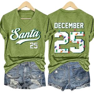 V Neck Retro Christmas Santa 25 December 25 Print T Shirt