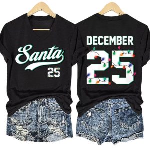 V Neck Retro Christmas Santa 25 December 25 Print T Shirt