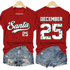 V-Neck Retro Christmas Santa 25 December 25 Print T-Shirt