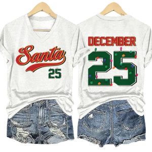 V Neck Retro Christmas Santa 25 December 25 Print T Shirt