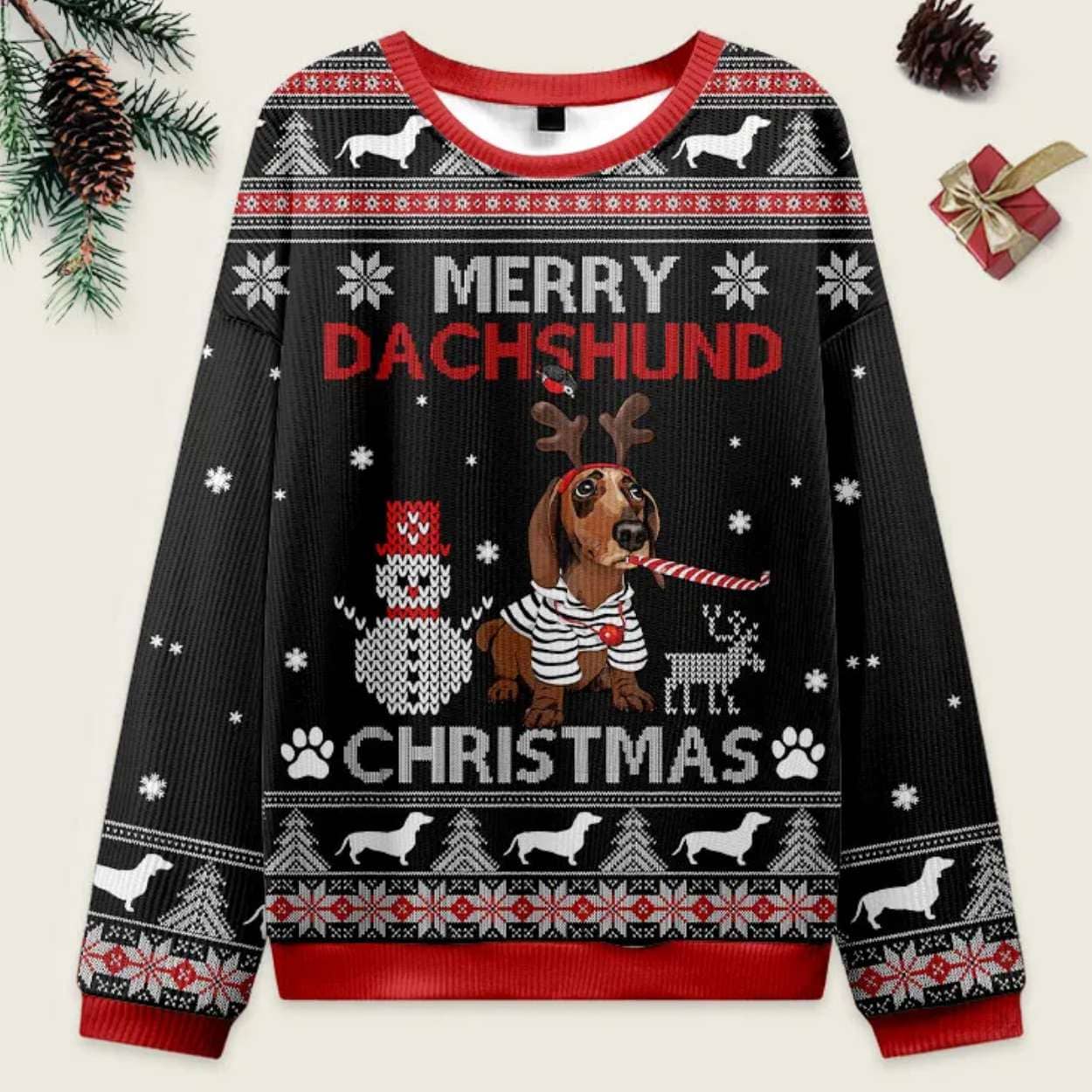 Vintage Merry Dachshund Ugly Christmas Sweater Vintage Merry Dachshund Ugly Christmas Sweater
