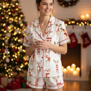 Watercolor Reindeer Funny Christmas Animal Satin Pajama Set