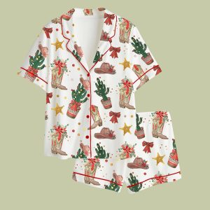 Western Cowboy Boots Hat Cactus Christmas Satin Pajama Set