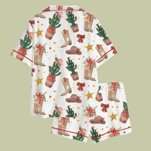 Western Cowboy Boots Hat Cactus Christmas Satin Pajama Set