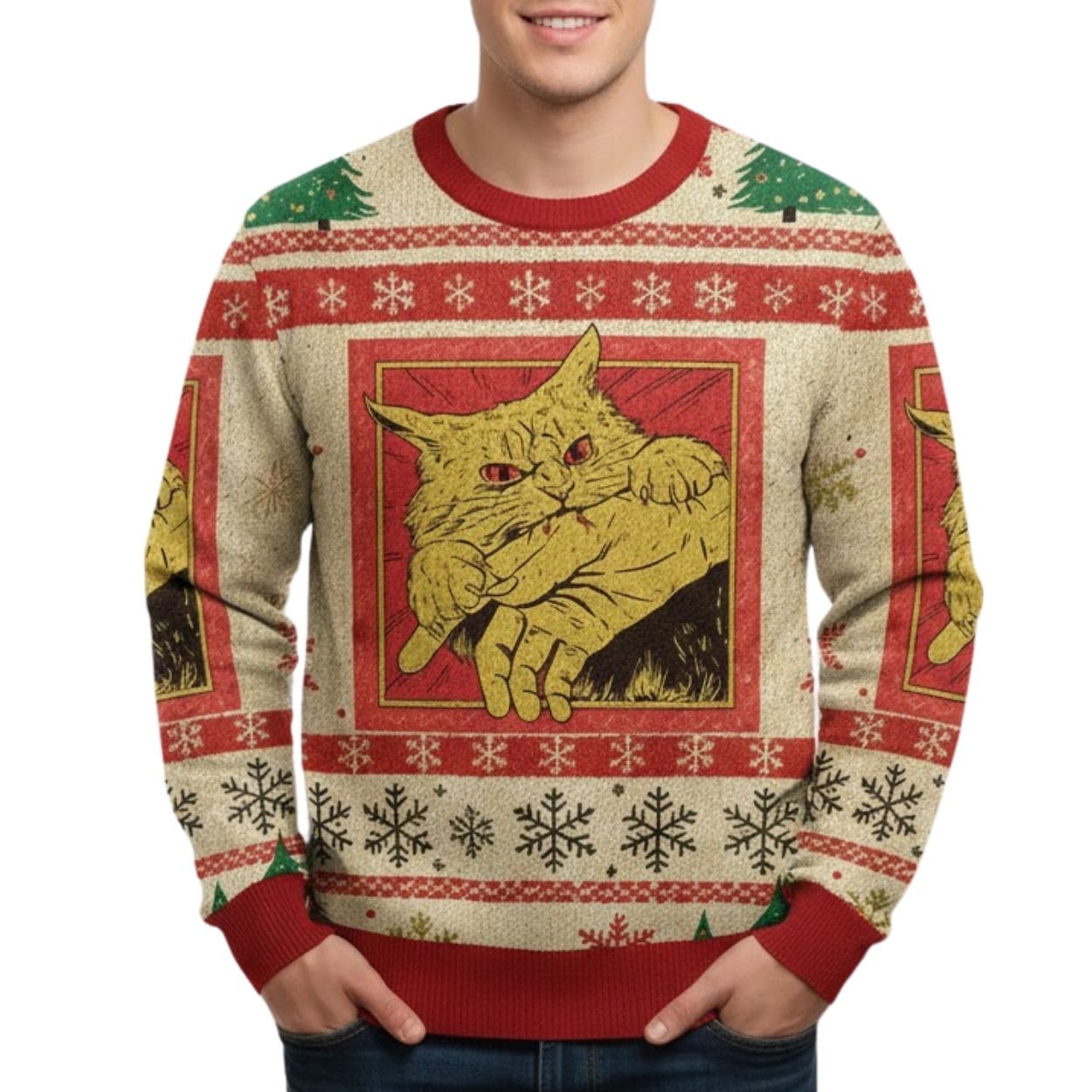 Biting Cat Christmas Ugly Sweater Biting Cat Christmas Ugly Sweater