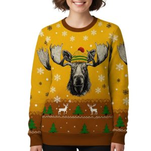 Bull Moose Wearing Beanie Christmas Ugly Sweater 1