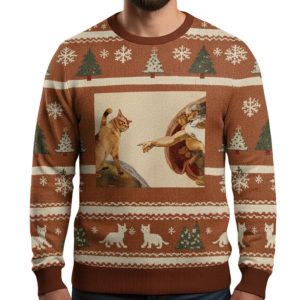 Cat God Creation Of Adam Meme Christmas Ugly Sweater 1