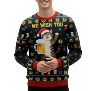 Cute Cat Drinking Beer Christmas Ugly Sweater 1
